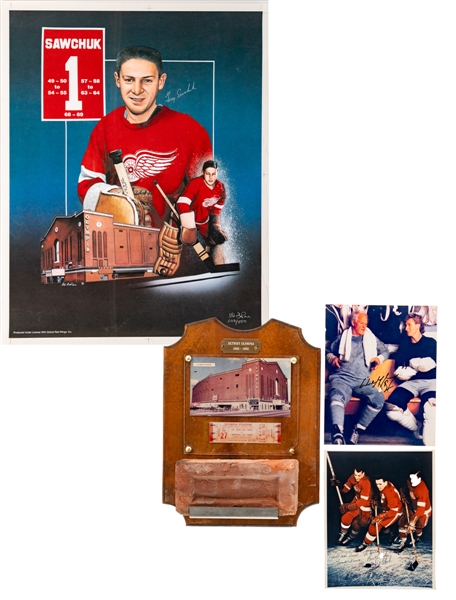 Detroit Red Wings Memorabilia Collection of 4 Including Detroit Olympia Brick Display, Howe and Gretzky Dual-Signed Photo, "Production Line" Triple-Signed Photo and Sawchuk Limited-Edition Poster