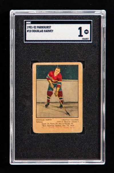 1951-52 Parkhurst Hockey Card #10 HOFer Doug Harvey Rookie - Graded SGC 1