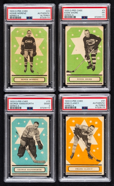 1933-34 O-Pee-Chee V304 Series "A" Hockey Complete 48-Card Set Plus Album with PSA-Graded Cards (8) Inc. HOFers #3 Shore Rookie (FR 1.5), #23 Morenz (Auth. Alt.) and #15 Hainsworth Rookie (GD 2)