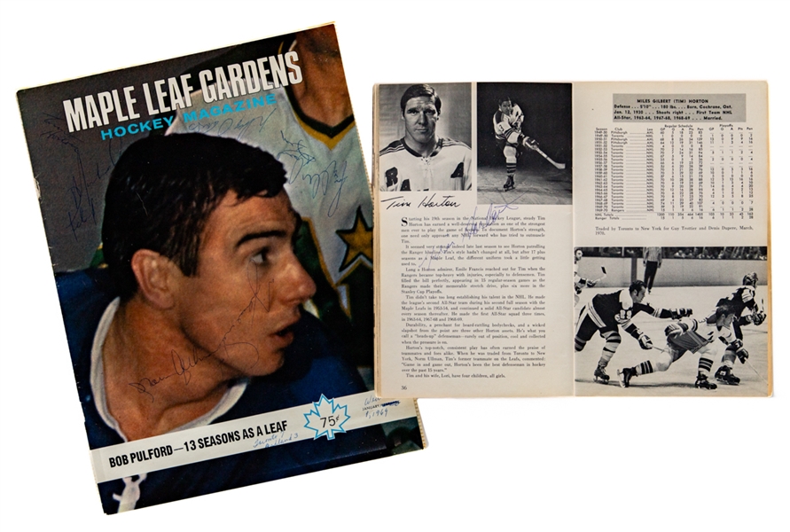 Toronto Maple Leafs 1968-69 Hockey Program Cover Signed by 7 Including Deceased HOFer Tim Horton Plus 1970-71 New York Rangers Media Guide Signed by 5 Also Inc. Tim Horton with LOA
