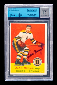 1957-58 Topps Signed Hockey Card #10 HOFer Johnny Bucyk Rookie (JSA/Beckett Certified Authentic Autograph - Autograph Graded 10)