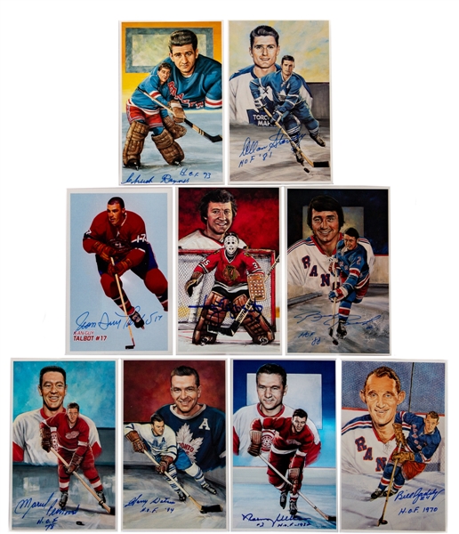 1992-96 Doug West "Legends of Hockey" Signed Postcard Collection of 8 Including Deceased HOFers Tony Esposito, Chuck Rayner, Allen Stanley, Bill Gadsby and Others