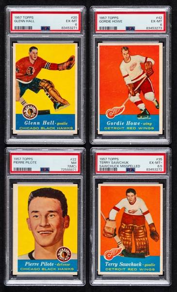 1957-58 Topps Hockey Complete 66-Card Set with PSA-Graded Cards (10) Inc. HOFers #20 Hall Rookie (EX-MT 6), #22 Pilote Rookie (NM-MT 7 MC), #35 Sawchuk (EX-MT+ 6.5) and #42 Howe (EX-MT 6)