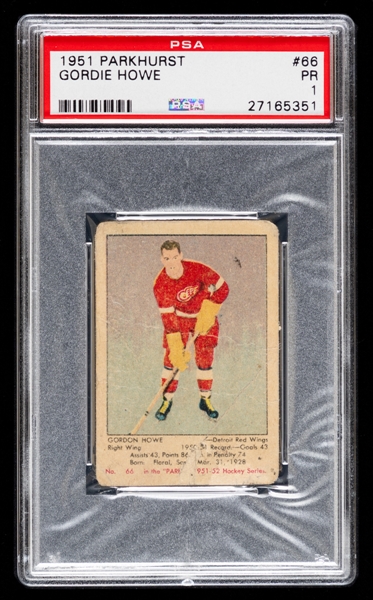 1951-52 Parkhurst Hockey Card #66 HOFer Gordie Howe Rookie – Graded PSA 1