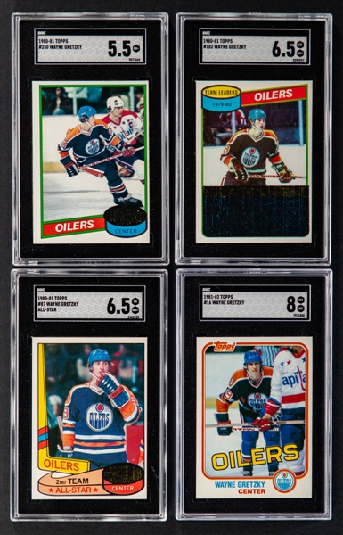 1980-81 and 1981-82 Topps SGC-Graded Hockey Cards of HOFer Wayne Gretzky (4) Inc. 1980-81 Topps #250 (SGC 5.5) and 1981-82 Topps #16 (SGC 8)