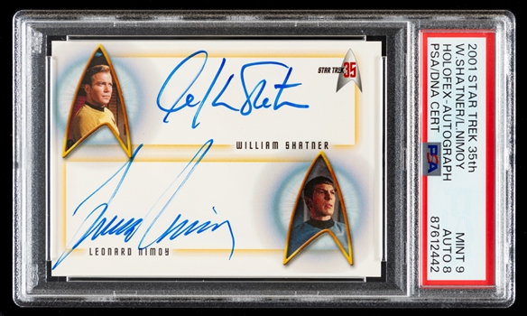 2001 Rittenhouse Star Trek 35th Anniversary HoloFEX Dual Autograph Card #DA1 William Shatner (Captain Kirk) and Leonard Nimoy (Spock) - PSA/DNA Certified Autos Graded 8 - Card Graded PSA MINT 9 