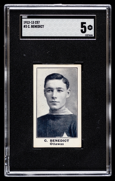 1912-13 Imperial Tobacco C57 Hockey Card #3 HOFer Clint Benedict Rookie - Graded SGC 5