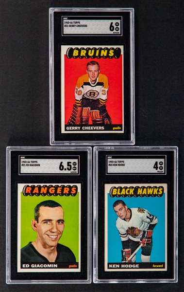 1965-66 Topps SGC-Graded Rookie Hockey Cards of #31 HOFer Gerry Cheevers (SGC 6), #21 HOFer Ed Giacomin (SGC 6.5) and of #65 Ken Hodge (SGC 4)