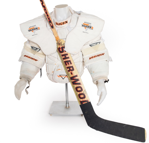Ron Hextalls Mid-to-Late-1990s Philadelphia Flyers Game-Used Vaughn Chest and Arm Protector and Signed Sher-Wood SOP 950 Stick