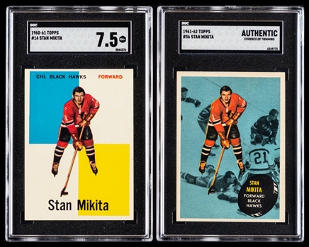1960-61 Topps Hockey Card #14 HOFer Stan Mikita Rookie (Graded SGC 7.5) and 1961-62 Topps Hockey Card #36 HOFer Stan Mikita (Graded SGC Authentic / Trimmed)