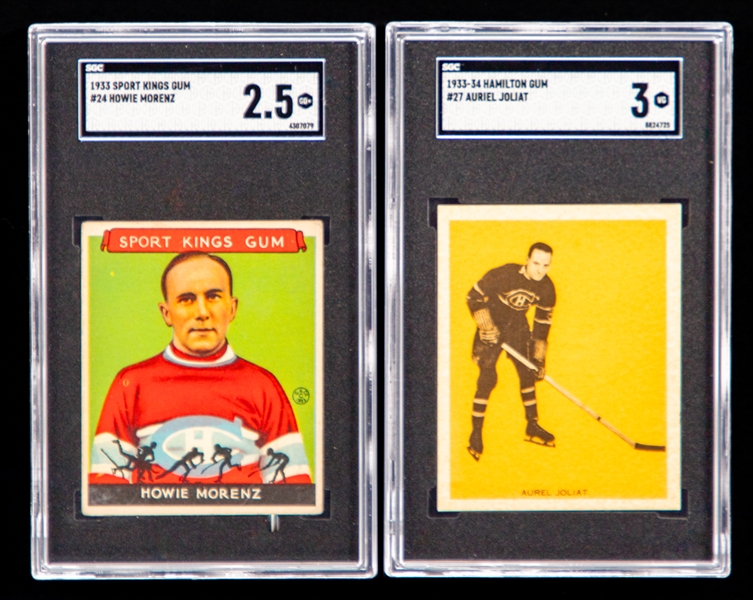1933-34 Goudey Sport Kings Hockey Card #24 HOFer Howie Morenz (Graded SGC 2.5) and 1933-34 Hamilton Gum V288 Hockey Card #27 HOFer Aurele Joliat (Graded SGC 3)
