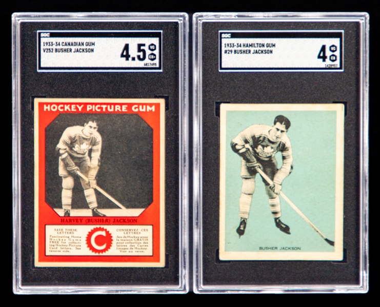 1933-34 Canadian Gum V252 Hockey Card of HOFer Harvey "Busher" Jackson Rookie (Graded SGC 4.5) and 1933-34 Hamilton Gum (V288) Hockey Card #29 HOFer Busher Jackson Rookie (Graded SGC 4)