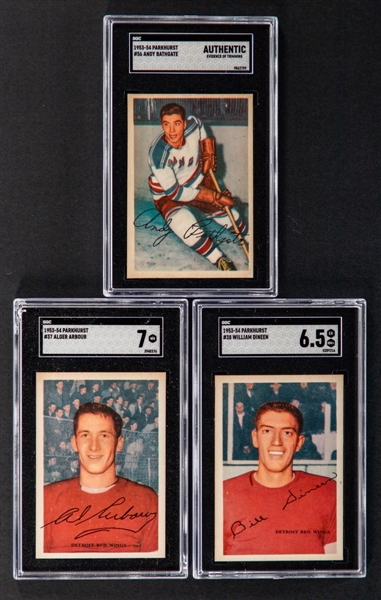 1953-54 Parkhurst SGC-Graded Hockey Cards of #56 HOFer Andy Bathgate Rookie (SGC Authentic), #37 Al Arbour (SGC 7) and #38 Bill Dineen (SGC 6.5)