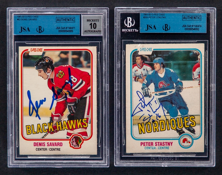 1981-82 O-Pee-Chee Signed Hockey Rookie Cards of HOFers #63 Denis Savard and #269 Peter Stastny (JSA/Beckett Certified Authentic Autographs)