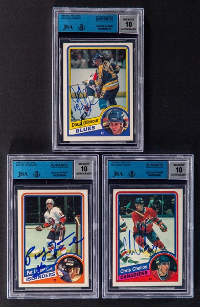 1984-85 O-Pee-Chee Signed Hockey Rookie Cards of HOFers #185 Doug Gilmour, #129 Pat LaFontaine and #259 Chris Chelios (JSA/Beckett Certified Authentic Autographs - Autographs Graded 10)