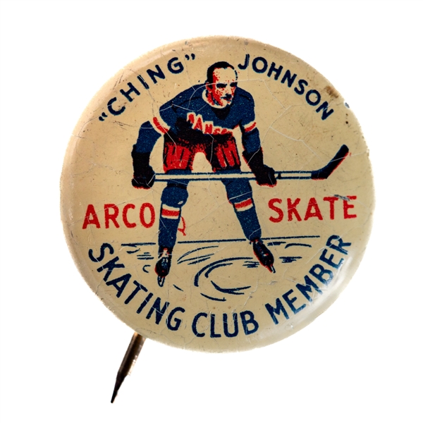 1930s Ching Johnson NY Rangers Arco Skate Advertising Pin (Barry Meisel Collection)