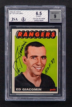 1965-66 Topps Signed Hockey Card #21 HOFer Ed Giacomin Rookie (Card Graded Beckett EX-MT+ 6.5) (JSA/Beckett Certified Authentic Autograph - Autograph Graded 9)