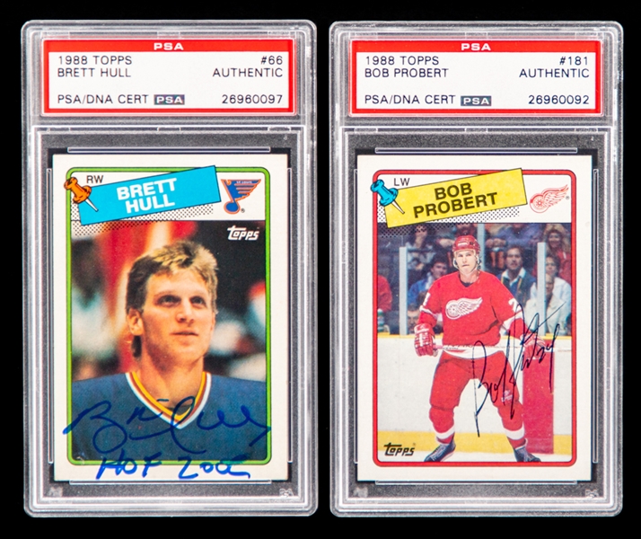 1988-89 Topps Signed Hockey Rookie Cards of #66 HOFer Brett Hull and #181 Bob Probert (Both PSA/DNA Certified Authentic Autographs)