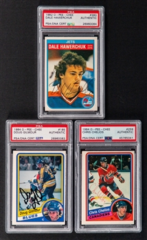 1982-83 and 1984-85 O-Pee-Chee Signed Hockey Rookie Cards of HOFers Dale Hawerchuk, Doug Gilmour and Chris Chelios (Each PSA/DNA Certified Authentic Autographs)