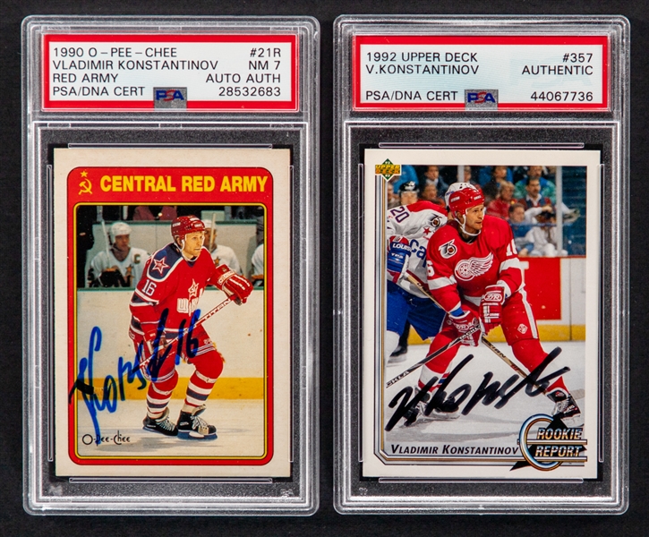 1990-91 O-Pee-Chee Signed Hockey Card #21R Vladimir Konstantinov (PSA 7 NM) and 1992-93 UD Signed Hockey Card #357 Vladimir Konstantinov (Both PSA/DNA Certified Authentic Autographs)
