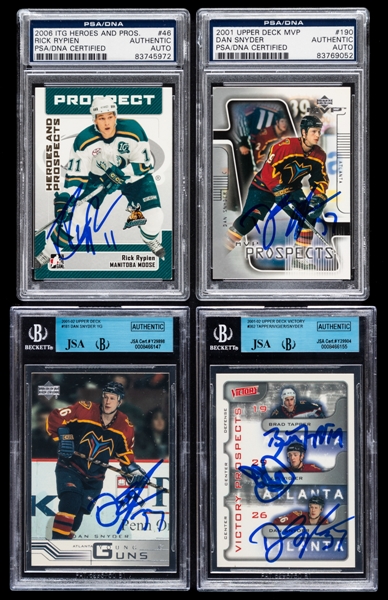 2001-02 UD Young Guns, MVP and Victory Signed Hockey Rookie Cards of Dan Snyder (3) Plus 2006-07 ITG Signed Hockey Card of Rick Rypien (All Cards JSA/Beckett or PSA/DNA Certified Authentic Autographs)