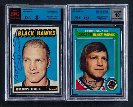 1965-66 Topps Signed Hockey Card #59 Deceased HOFer Bobby Hull and 1979-80 Topps Signed Hockey Card #185 Deceased HOFer Bobby Hull (JSA/Beckett Certified Authentic Autographs)