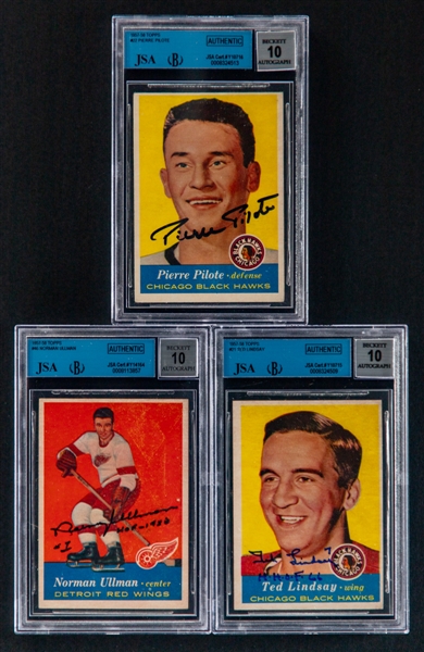 1957-58 Topps Signed Hockey Cards of HOFers #46 Norm Ullman Rookie, #22 Pierre Pilote Rookie (Dec.) and #21 Ted Lindsay (Dec.) (JSA/Beckett Certified Authentic Autographs - Autographs Graded 10)