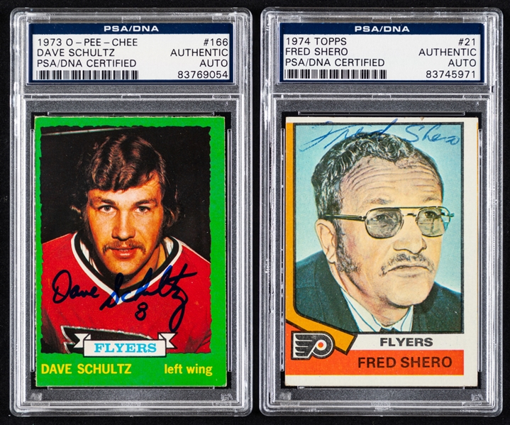 1973-74 O-Pee-Chee and 1974-75 Topps Signed Hockey Rookie Cards #166 Dave Schultz and #21 HOFer Fred Shero (PSA/DNA Certified Authentic Autographs)