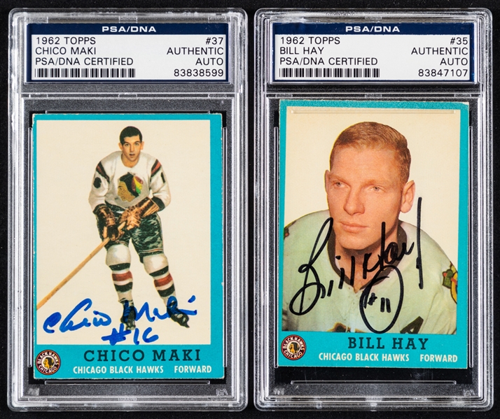 1962-63 Topps Signed Chicago Black Hawks Hockey Cards of #37 Chico Maki (RC) and #35 HOFer Bill Hay (PSA/DNA Certified Authentic Autographs)
