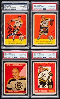 1957-58 to 1959-60 Topps Signed Boston Bruins Hockey Cards of HOFer Leo Bovin and of Bob Armstrong (PSA/DNA Certified Authentic Autographs)