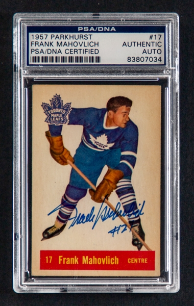 1957-58 Parkhurst Signed Hockey Card #17 HOFer Frank Mahovlich Rookie (PSA/DNA Certified Authentic Autograph) 