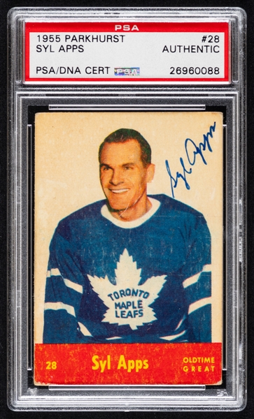 1955-56 Parkhurst Signed Hockey Card #28 Deceased HOFer Syl Apps (PSA/DNA Certified Authentic Autograph) 