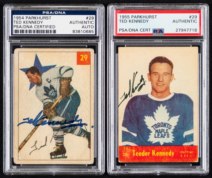 1954-55 and 1955-56 Parkhurst Signed Hockey Cards of Deceased HOFer Ted Kennedy (PSA/DNA Certified Authentic Autographs) 