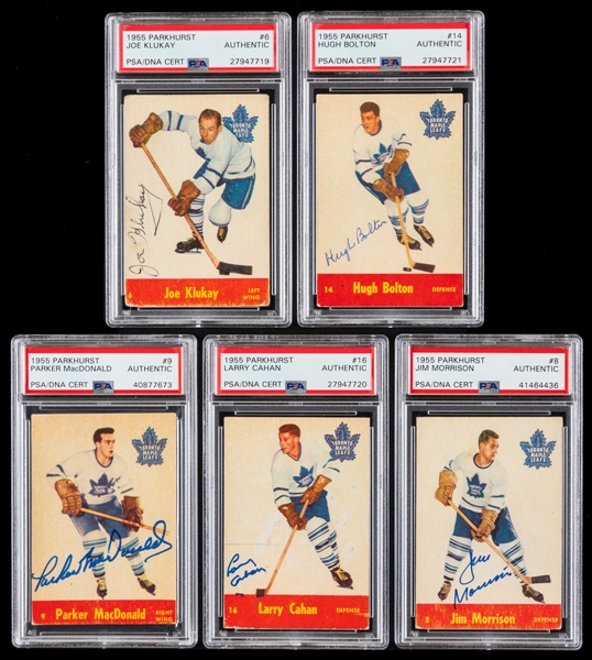 1955-56 Parkhurst Signed Toronto Maple Leafs Hockey Cards (5) Including Klukay, Morrison, MacDonald Rookie, Bolton and Cahan Rookie (PSA/DNA Certified Authentic Autographs)