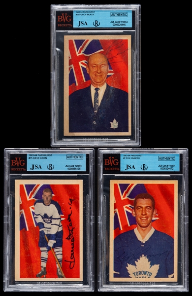 1963-64 Parkhurst Signed Hockey Cards of #19 Deceased HOFer Punch Imlach, #75 HOFer Dave Keon and #2 Don Simmons (JSA/Beckett Certified Authentic Autographs)