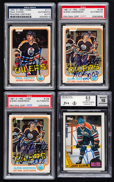 1981-88 O-Pee-Chee/Topps Signed Edmonton Oilers Hockey Cards (4) Inc. HOFers Paul Coffey Rookie, Glenn Anderson Rookie (2) and Jari Kurri (PSA/DNA and JSA/Beckett Certified Authentic Autographs)