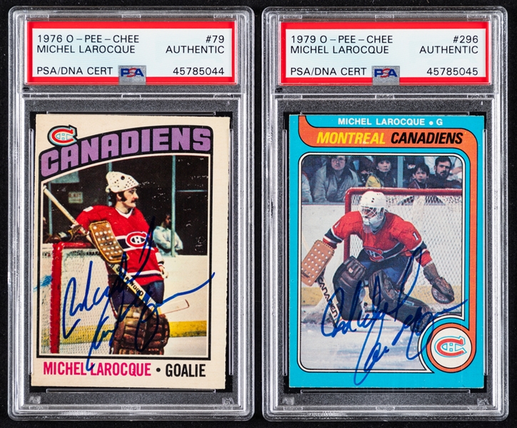 1976-77 and 1979-80 O-Pee-Chee Signed Montreal Canadiens Hockey Cards of Michel Larocque (PSA/DNA Certified Authentic Autographs) 