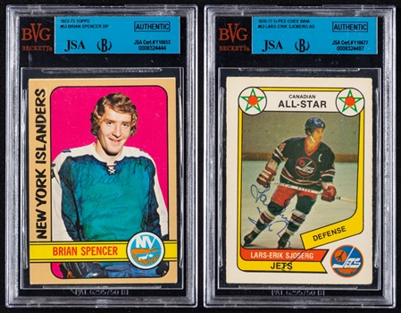 1972-73 Topps and 1976-77 O-Pee-Chee Signed Hockey Cards of Brian Spencer and Lars-Erik Sjoberg (JSA/Beckett Certified Authentic Autographs)