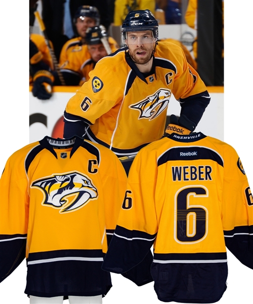 Shea Webers 2013-14 Nashville Predators Signed Game-Worn Captains Jersey with Team COA - Team Repairs! - Photo-Matched! 