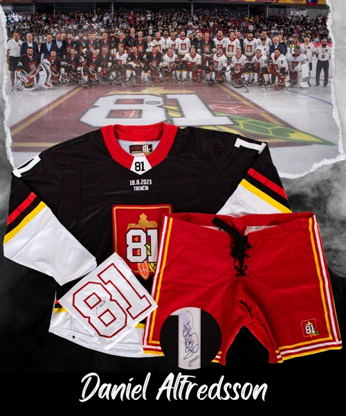 Daniel Alfredssons Team Black 2023 Marian Hossa "Goodbye Game" Signed Game-Issued Jersey Plus Pant Shells and Signed T-Shirt