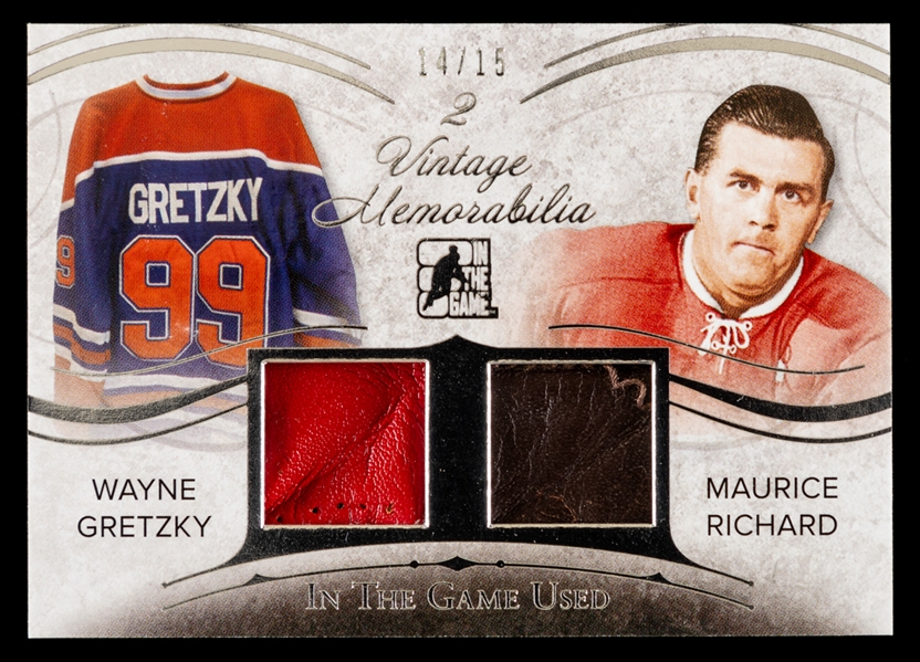 2014-15 ITG In The Game Used Vintage Memorabilia 2 Hockey Card #VM2-03 HOFers Wayne Gretzky and Maurice Richard (14/15)