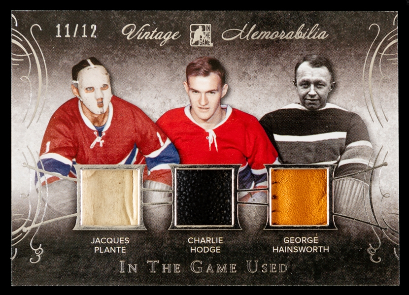 2015-16 Leaf In The Game Used Vintage Memorabilia Hockey Card #VM3-02 Jacques Plante / Charlie Hodge / George Hainsworth (11/12)