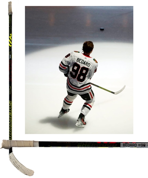 Connor Bedards 2023-24 Chicago Blackhawks Sher-Wood Rekker Legend Pro VR92 Game-Used Rookie Season Stick with AJ Sports Verification - Photo-Matched!