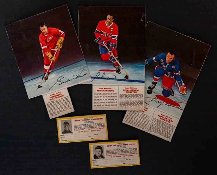 1967-68 General Mills Hockey Star Pictures (3) of Gordie Howe, Jean Beliveau and Harry Howell Plus Entry Forms (2) of Stan Mikita and Jean Beliveau
