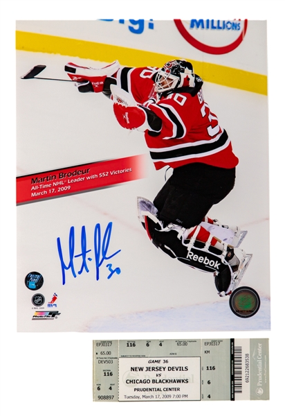 Martin Brodeur March 17th 2009 NJ Devils vs Chicago Blackhawks Full Ticket and Signed 8" x 10" Commemorative Photo -  - NHL Record for Career Victories!