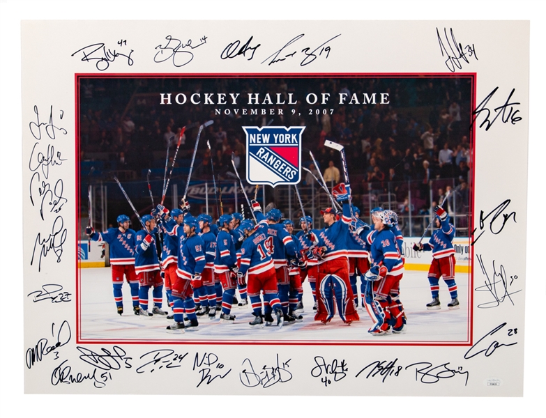 New York Rangers 2007-08 "Hockey Hall of Fame - November 9th, 2007" Team Signed Poster by 23 Including Lundqvist, Jagr, Shanahan and Others with JSA LOA (18" x 24")
