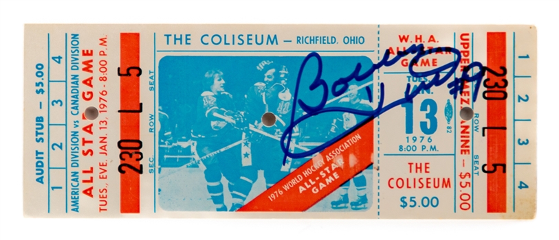 January 13th 1976 WHA All-Star Game Full Ticket (Canada 6 vs USA 1) - Ticket Signed by Bobby Hull!