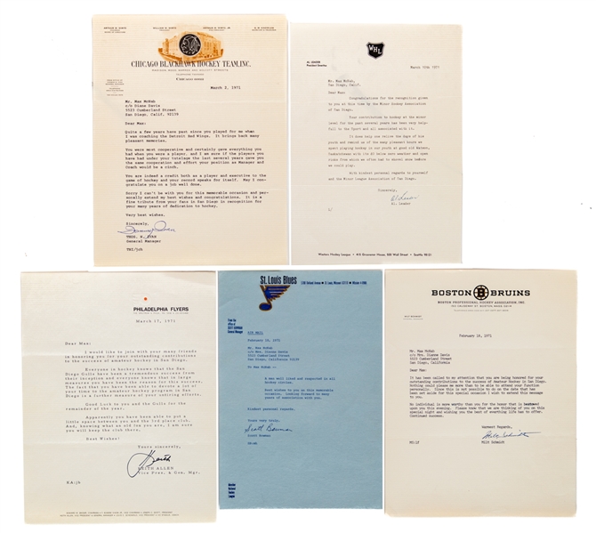Max McNabs 1971 San Diego Amateur Hockey Association Honor Night Congratulation Letters (11) with Family LOA - Includes Signed Examples by Deceased HOFers Leader, Ivan, Allen and Schmidt