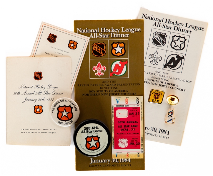 Max McNabs 1977 to 1990 NHL All-Star Game Programs, Pins and Souvenir Gifts Collection (27 Pieces) with Family LOA 