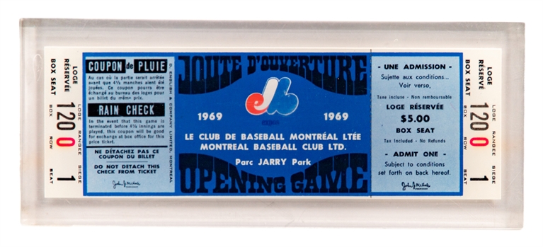 Montreal Expos 1969 Season Ticket Holder First Game Full Ticket in Lucite and 1970 Season Ticket Holder Team Picture in Lucite